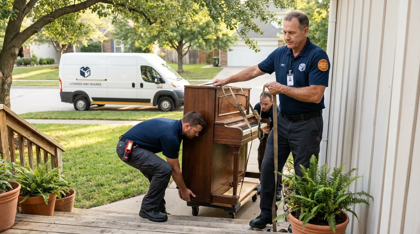 Licensed piano movers securing grand piano in Lakin, KS