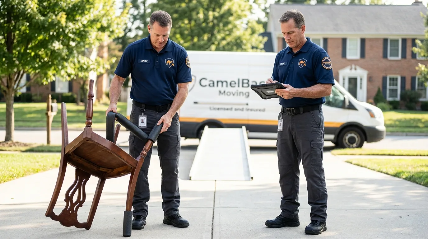 Movers inspecting furniture for damage prevention before loading in Lakin, KS