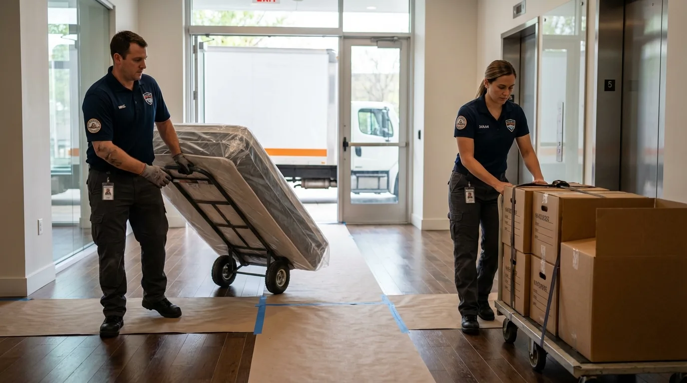 Professional apartment movers loading elevator in Lakin, KS